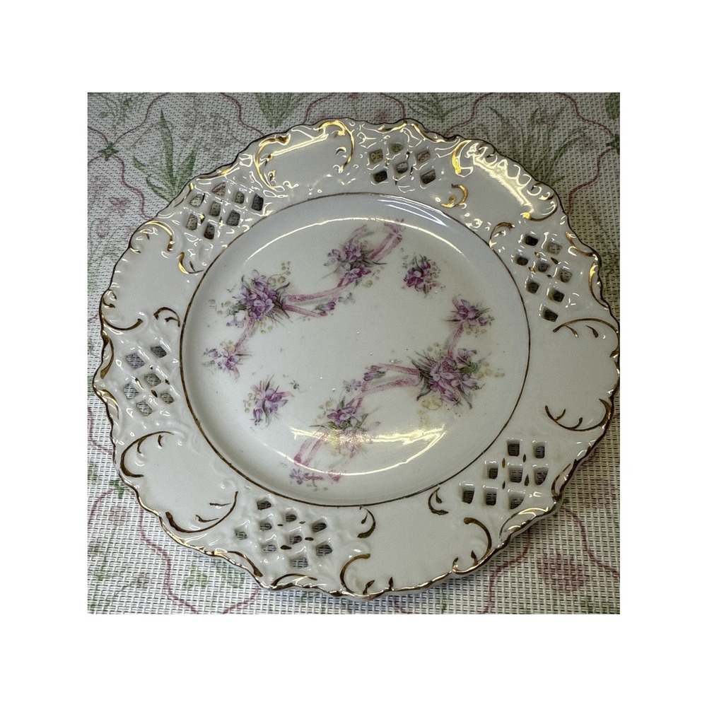 Vintage Porcelain Plate 7" Floral Ribbon Gold Trim Pierced Lace Reticulated Edge